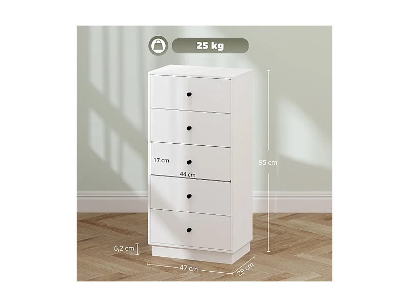 Buffet 5 cassetti MDF rangement salon chambre blanc 47 cm