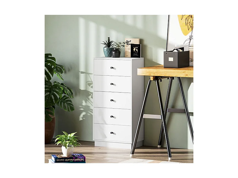 Buffet 5 cassetti MDF rangement salon chambre blanc 47 cm