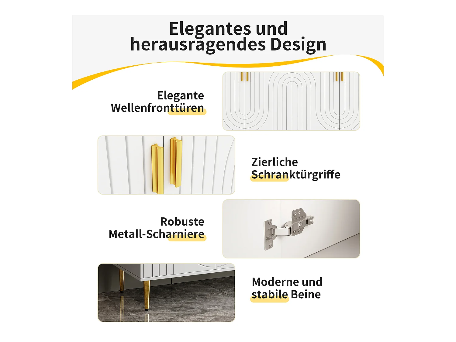 Aparador em MDF 152x40x75cm branco com desenho ondulado e puxadores e pés dourados para sala de jantar
