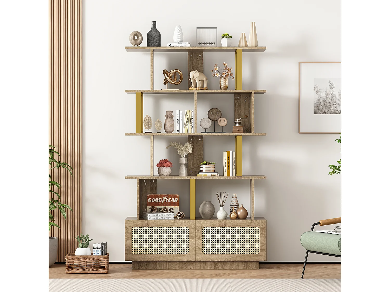 Librería alta de madera y metal con puertas de ratán para almacenaje en salón y dormitorio, 105 x 160 cm, color roble
