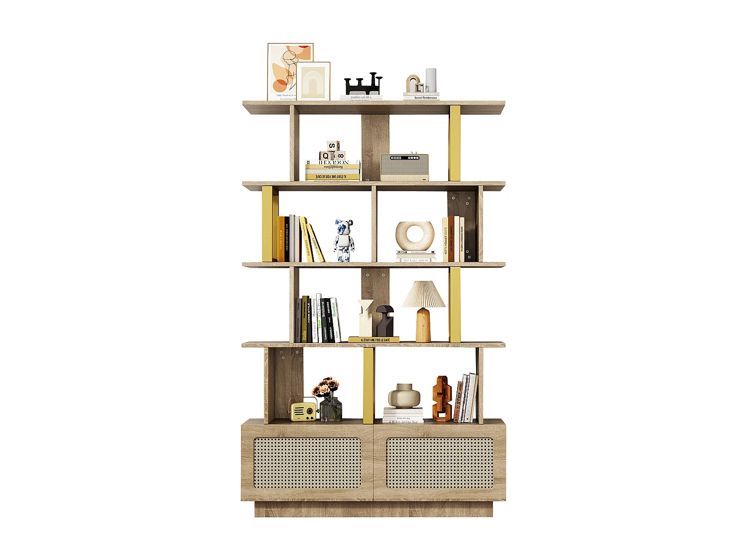 Librería alta de madera y metal con puertas de ratán para almacenaje en salón y dormitorio, 105 x 160 cm, color roble