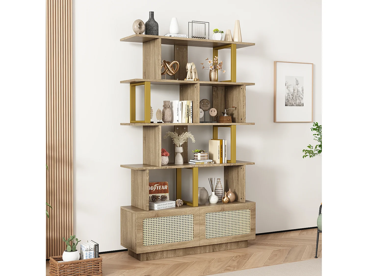 Librería alta de madera y metal con puertas de ratán para almacenaje en salón y dormitorio, 105 x 160 cm, color roble