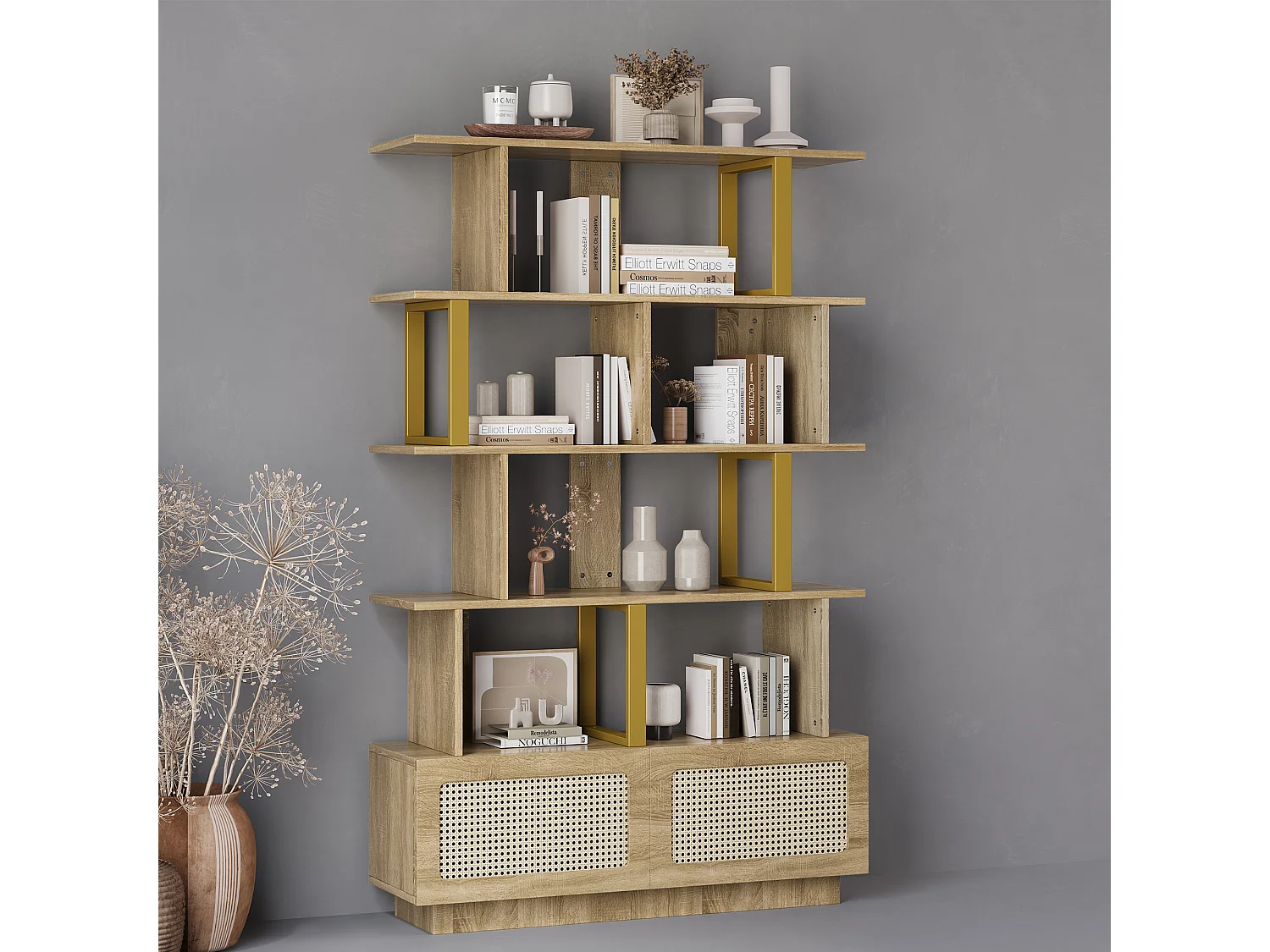 Librería alta de madera y metal con puertas de ratán para almacenaje en salón y dormitorio, 105 x 160 cm, color roble