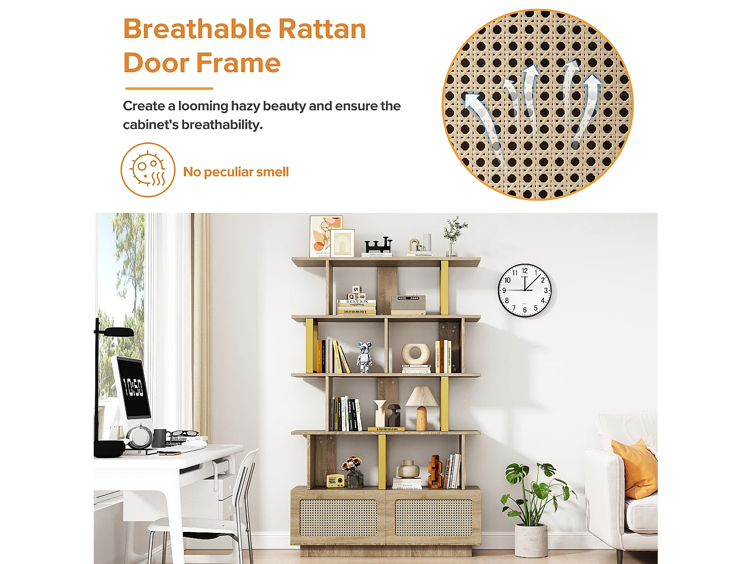 Librería alta de madera y metal con puertas de ratán para almacenaje en salón y dormitorio, 105 x 160 cm, color roble