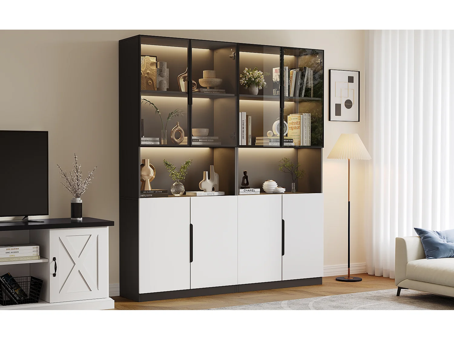 Vitrina LED 160x200cm madera vidrio templado almacenamiento moderna sala de estar iluminación ajustable blanco negro