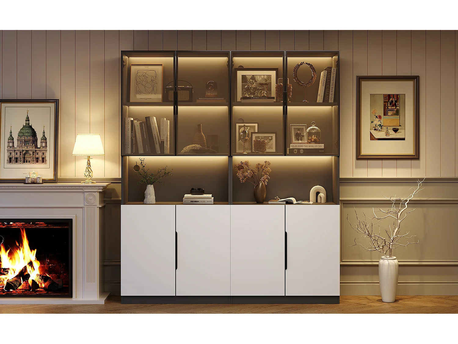 Vitrina LED 160x200cm madera vidrio templado almacenamiento moderna sala de estar iluminación ajustable blanco negro