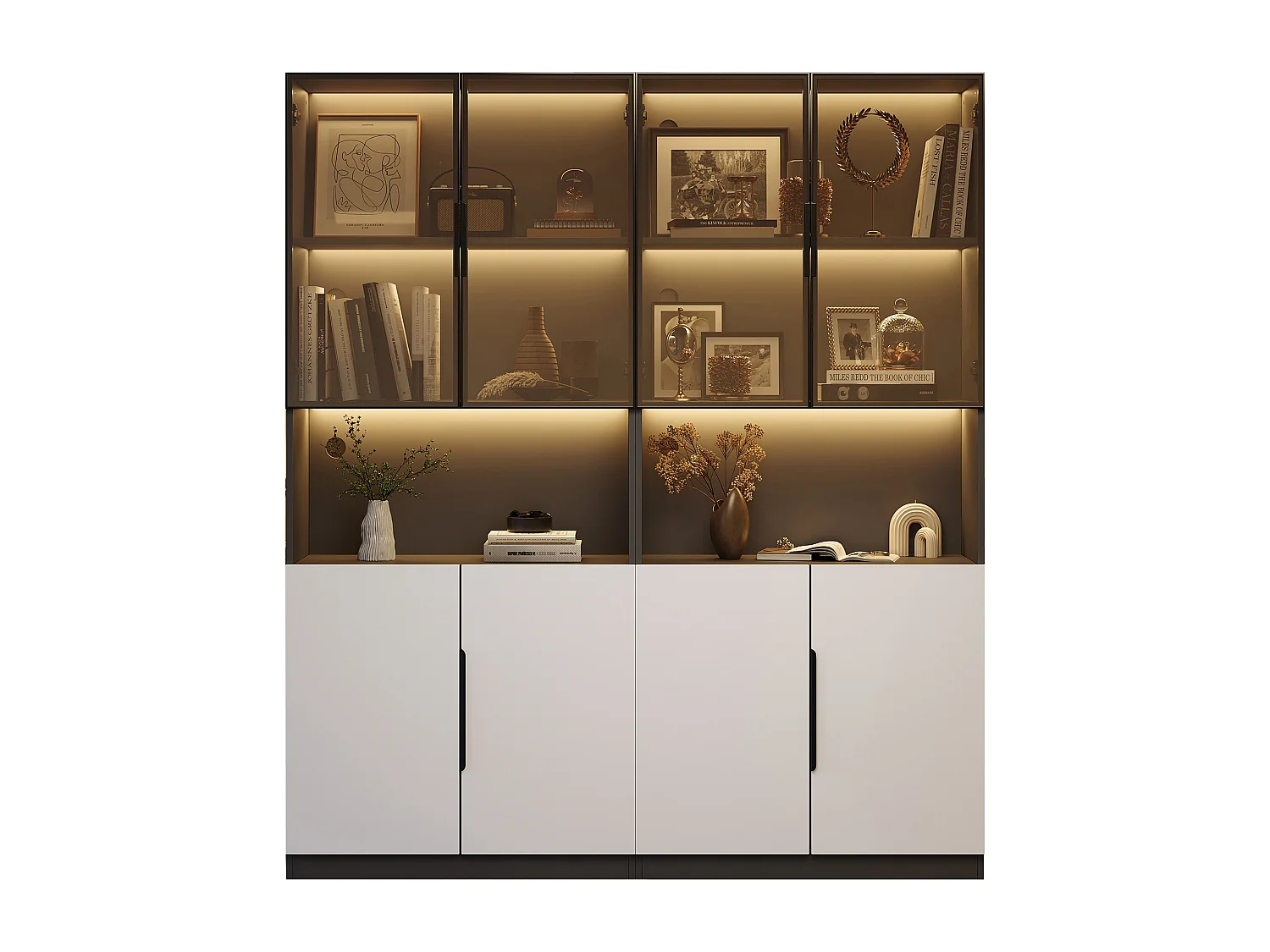 Vitrina LED 160x200cm madera vidrio templado almacenamiento moderna sala de estar iluminación ajustable blanco negro