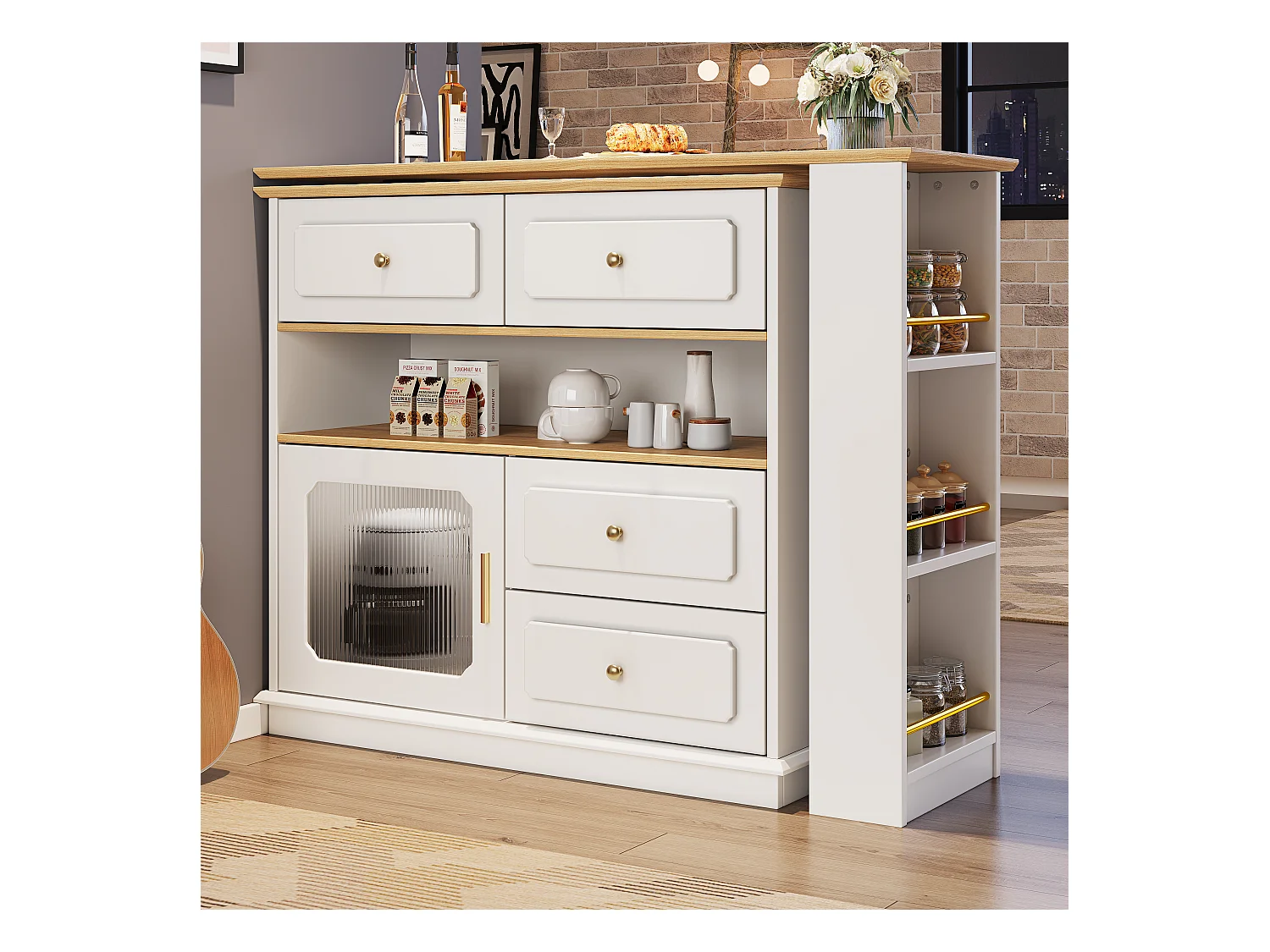 Tavolo bar allungabile MDF 125-181cm pivotante 360° con rangement verre blanc kitchen salon