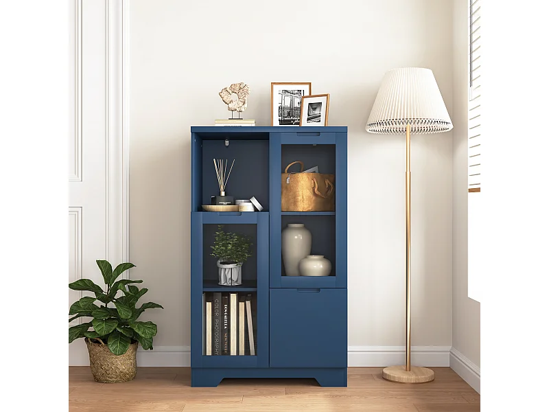 Aparador de MDF azul marino con puertas de cristal, cajón y estantes abiertos, almacenamiento para sala de estar y dormitorio.