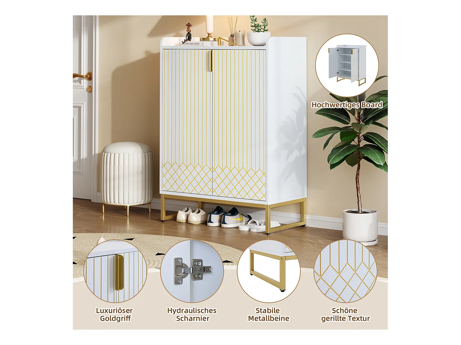 Sapateira MDF branco fosco 4 prateleiras design moderno entrada 75x37x105 cm