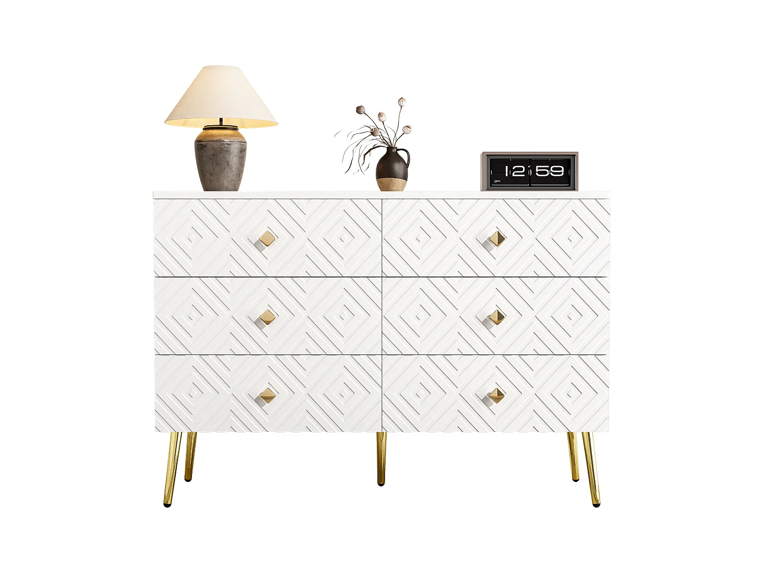 Cômoda moderna em MDF branco com 6 gavetas e pés em metal dourado para quarto ou sala 120x40x80 cm