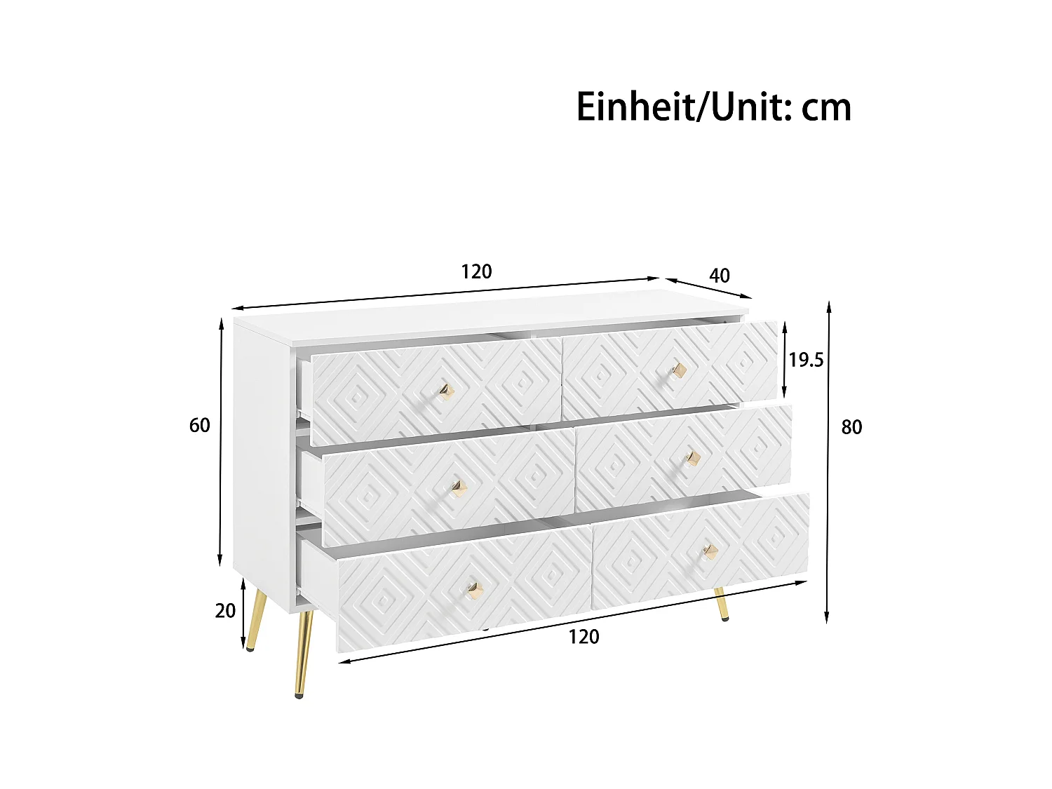 Cômoda moderna em MDF branco com 6 gavetas e pés em metal dourado para quarto ou sala 120x40x80 cm