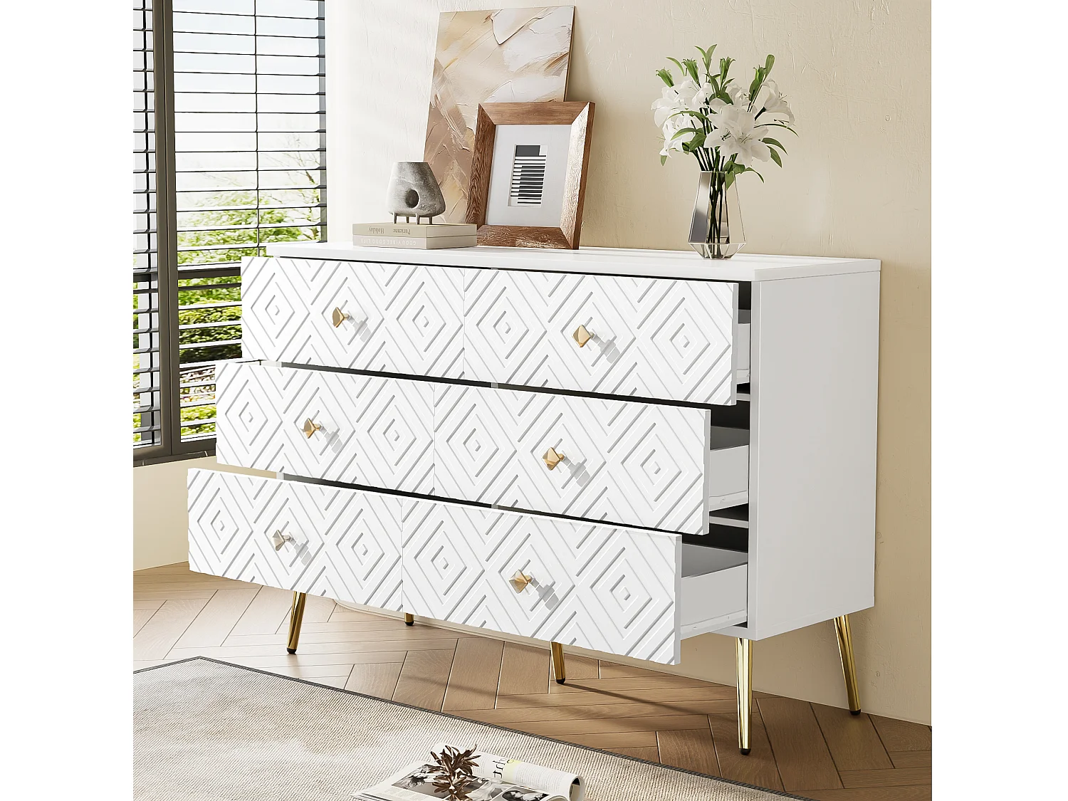 Cômoda moderna em MDF branco com 6 gavetas e pés em metal dourado para quarto ou sala 120x40x80 cm