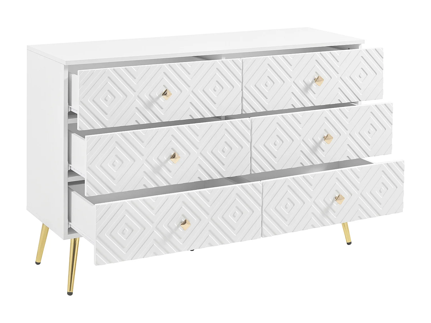Cômoda moderna em MDF branco com 6 gavetas e pés em metal dourado para quarto ou sala 120x40x80 cm