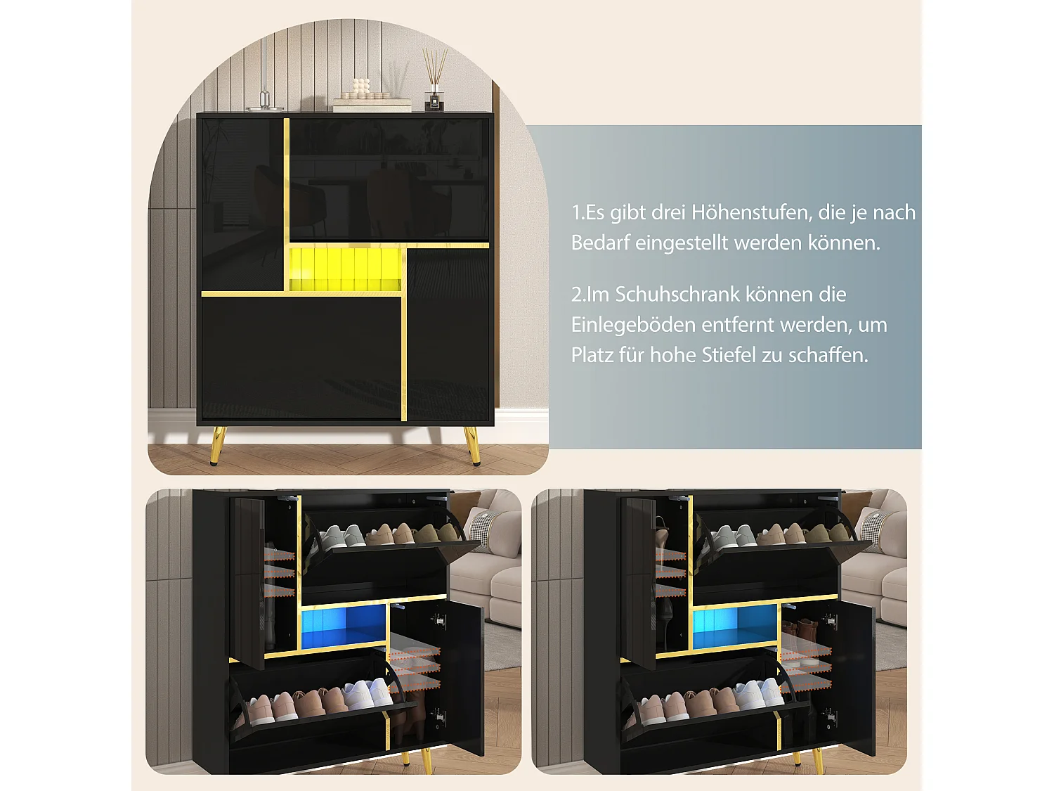 Sapateira de madeira preta LED 16 cores design moderno entrada de armazenamento 80x25x96 cm