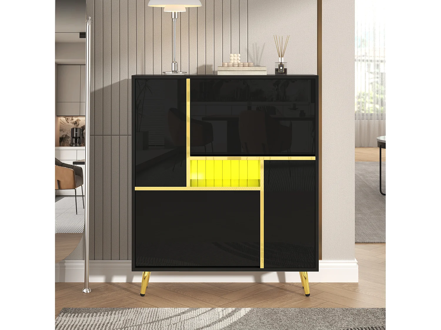 Sapateira de madeira preta LED 16 cores design moderno entrada de armazenamento 80x25x96 cm