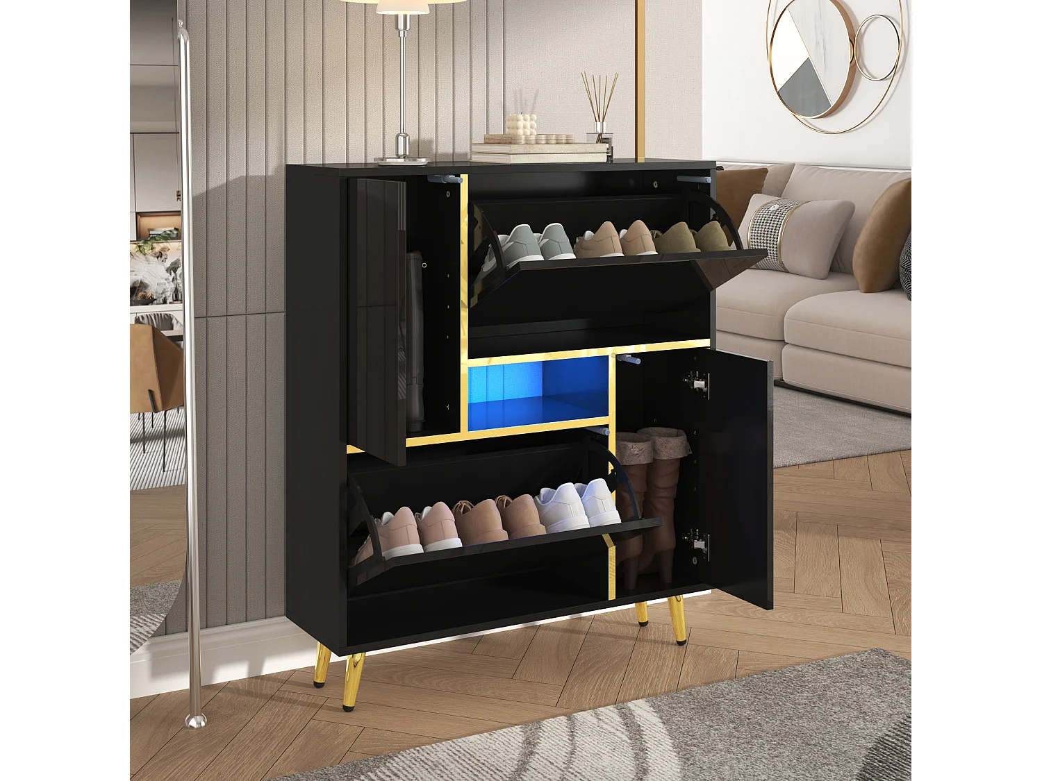 Sapateira de madeira preta LED 16 cores design moderno entrada de armazenamento 80x25x96 cm