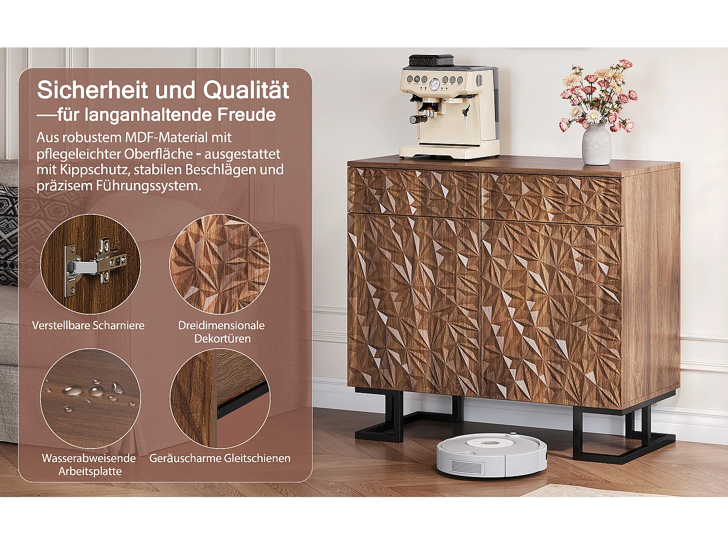 Buffet bois foncé con rilievo feuilles 2 cassetti 2 porte rangement salon et salle à manger 80x40x78 cm