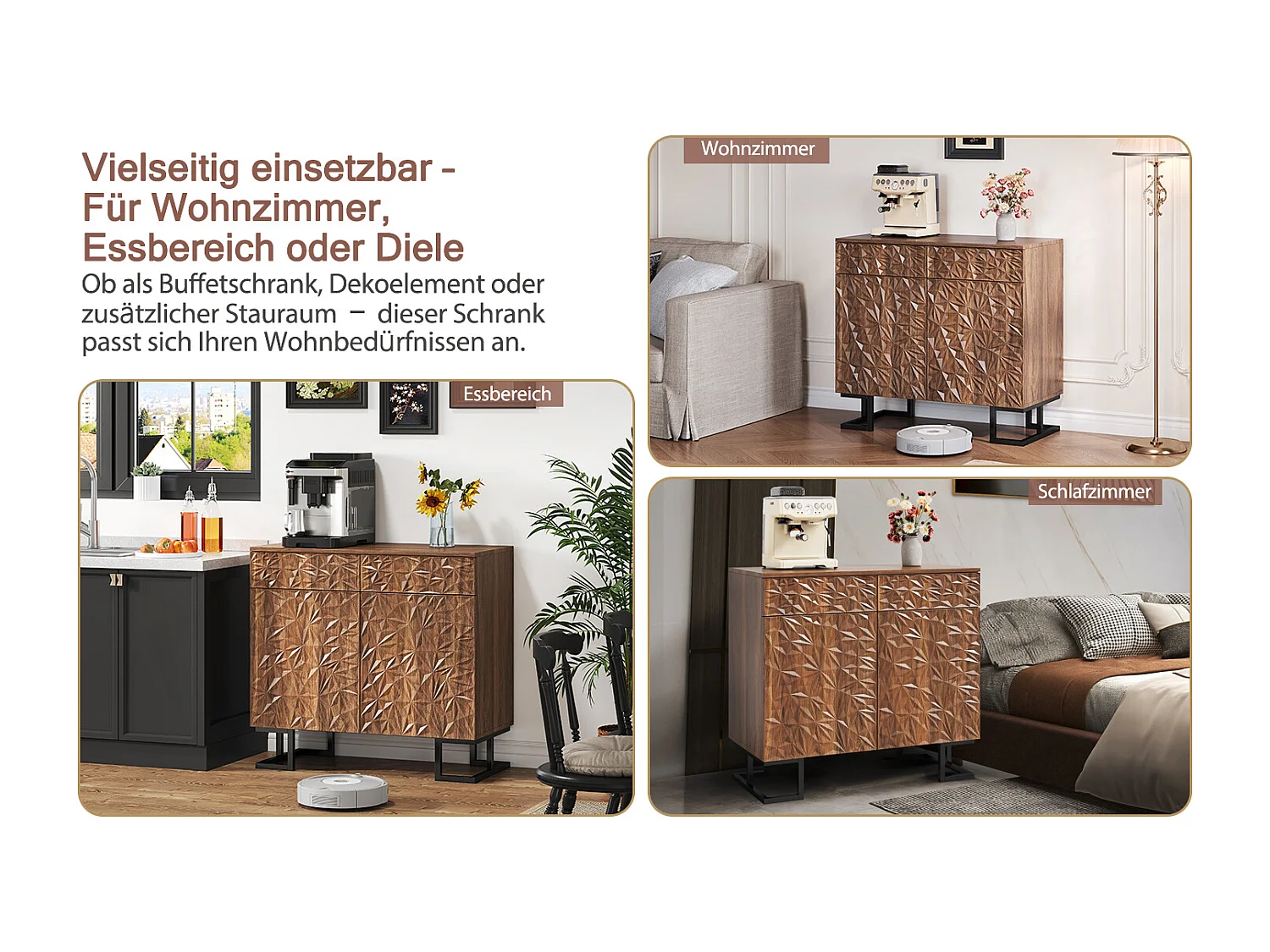 Buffet bois foncé con rilievo feuilles 2 cassetti 2 porte rangement salon et salle à manger 80x40x78 cm