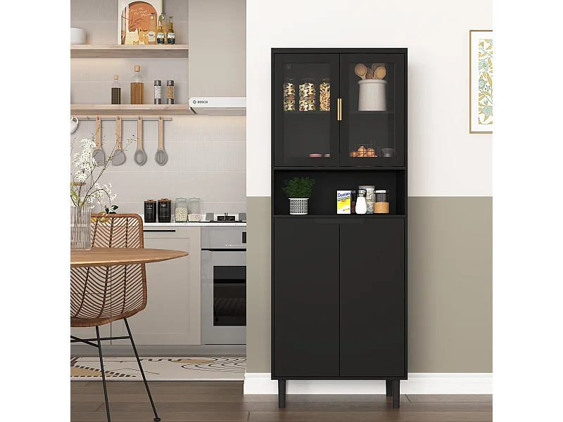 Librería alta de MDF negro con 4 puertas de cristal y estantes regulables, almacenaje para salón dormitorio