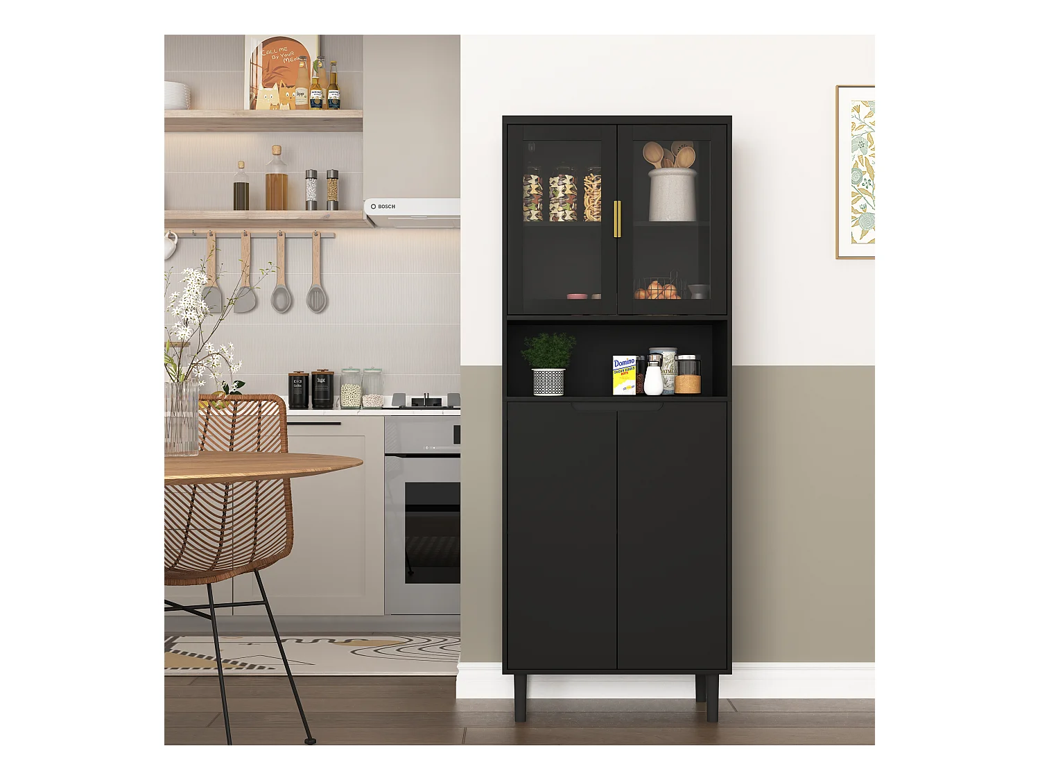 Librería alta de MDF negro con 4 puertas de cristal y estantes regulables, almacenaje para salón dormitorio