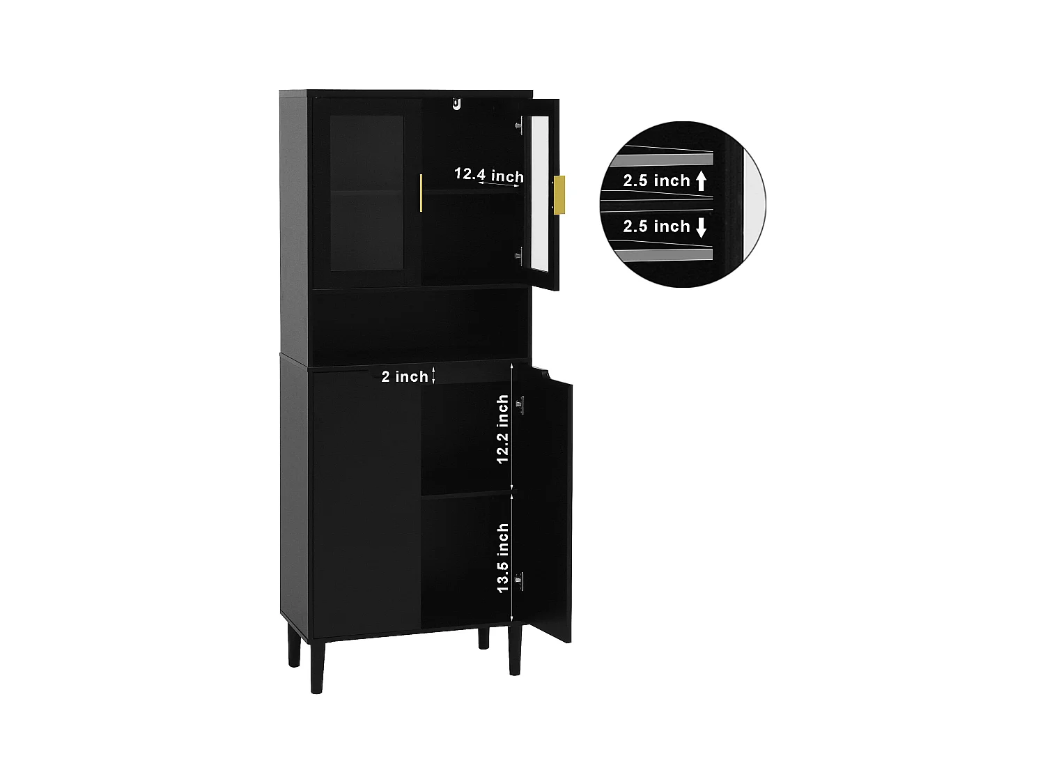 Librería alta de MDF negro con 4 puertas de cristal y estantes regulables, almacenaje para salón dormitorio