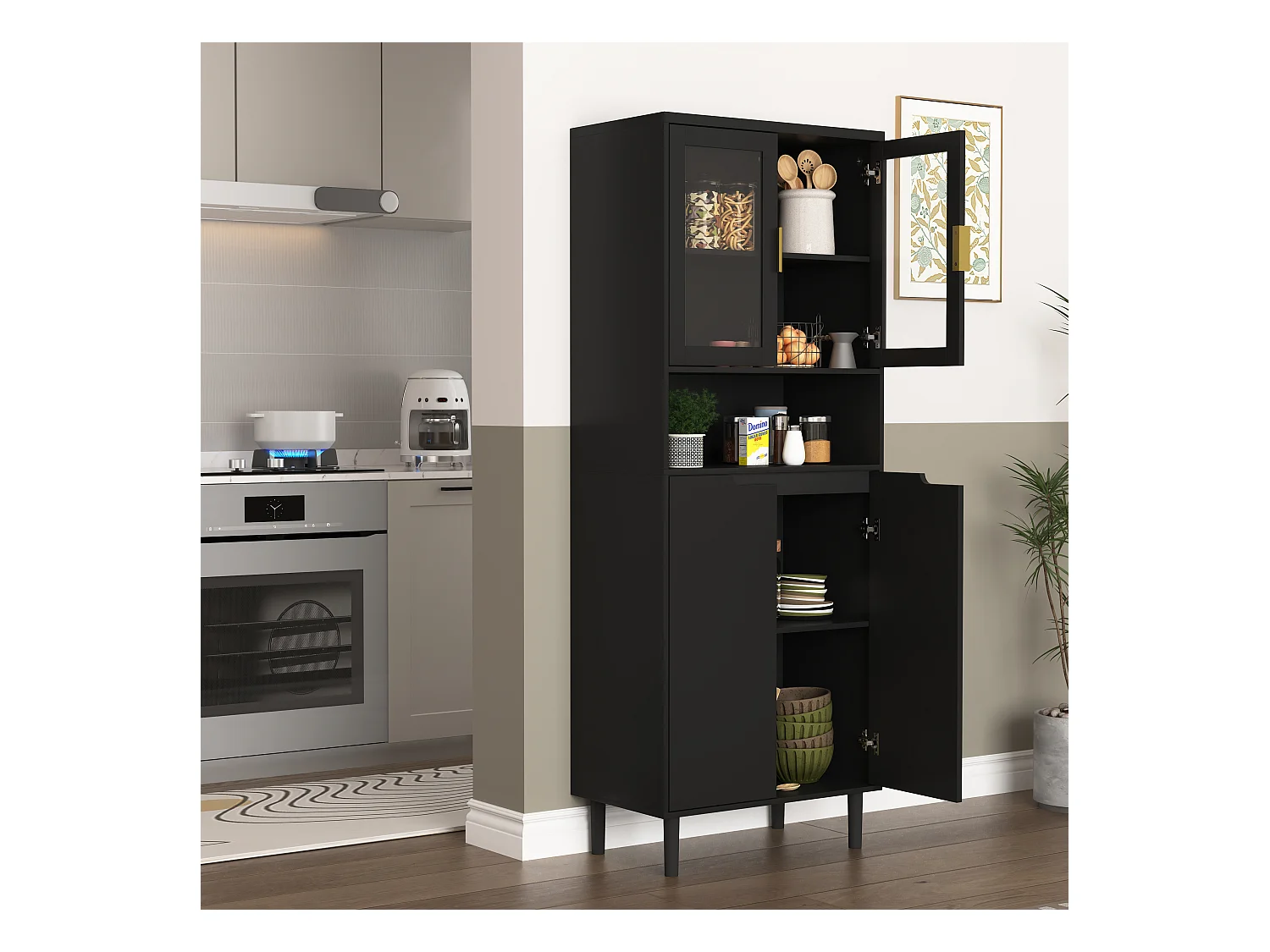 Librería alta de MDF negro con 4 puertas de cristal y estantes regulables, almacenaje para salón dormitorio