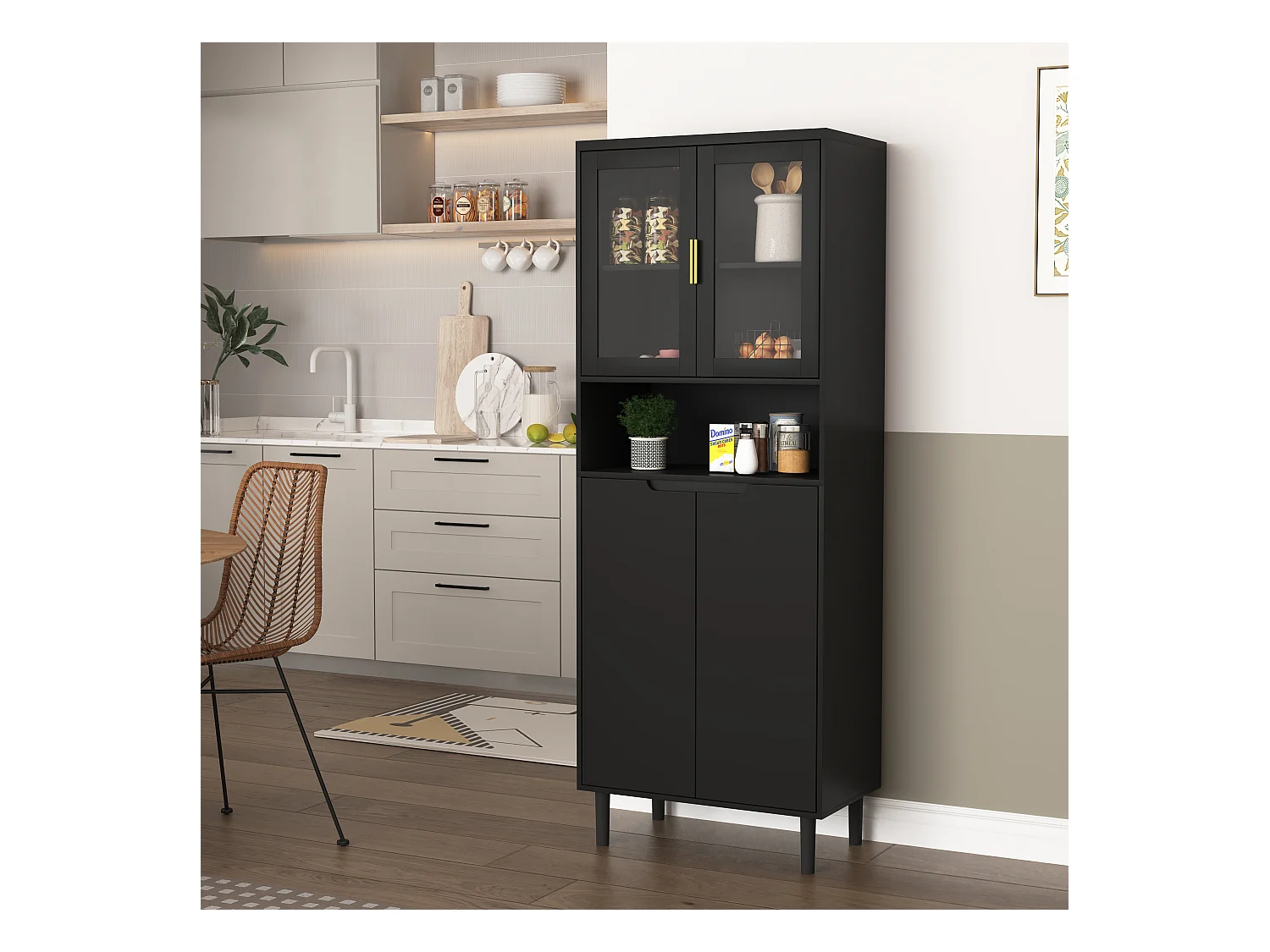 Librería alta de MDF negro con 4 puertas de cristal y estantes regulables, almacenaje para salón dormitorio