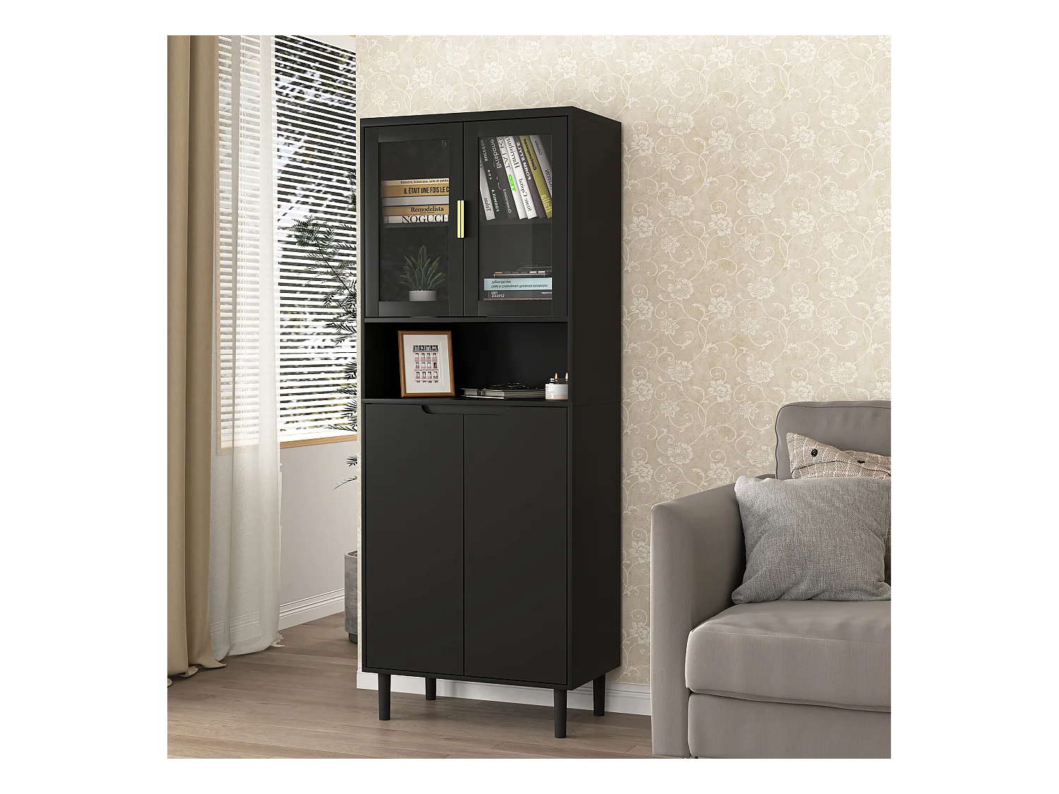Librería alta de MDF negro con 4 puertas de cristal y estantes regulables, almacenaje para salón dormitorio