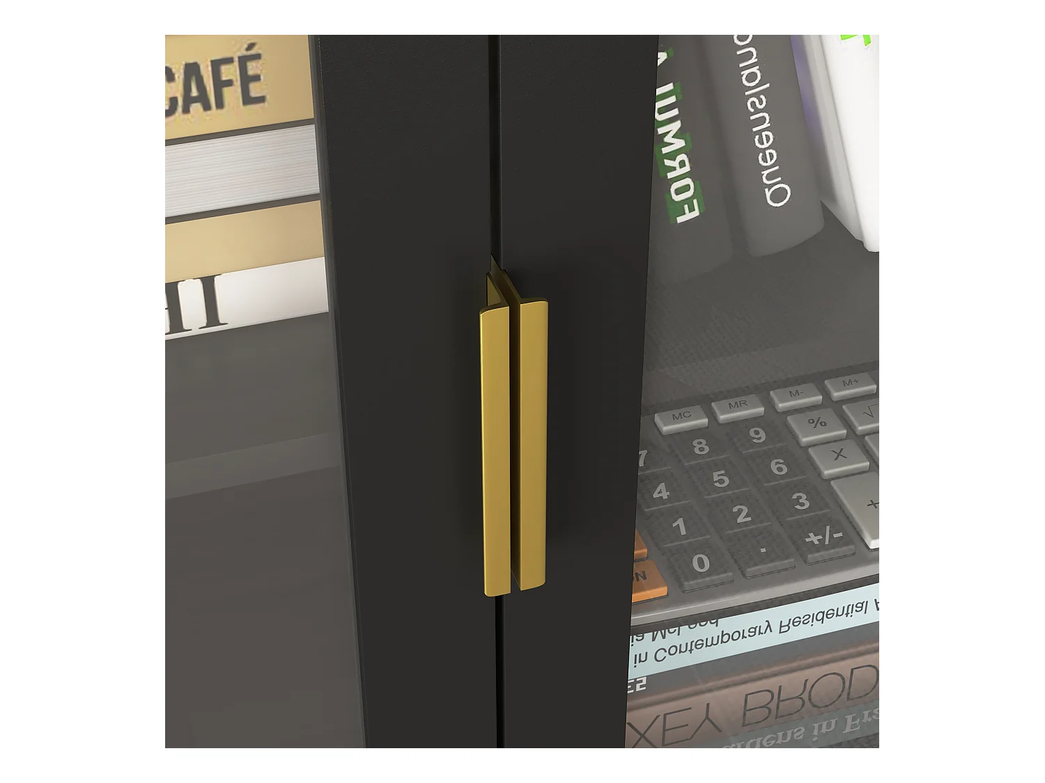 Librería alta de MDF negro con 4 puertas de cristal y estantes regulables, almacenaje para salón dormitorio