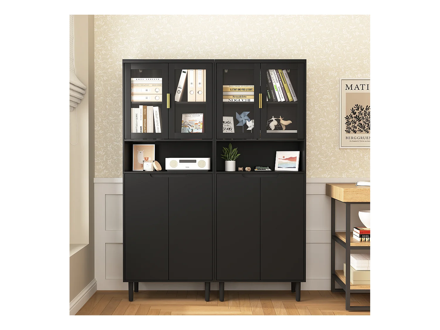 Librería alta de MDF negro con 4 puertas de cristal y estantes regulables, almacenaje para salón dormitorio