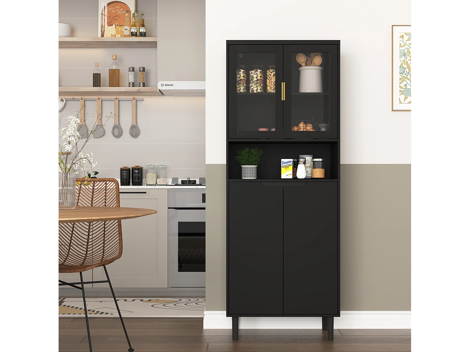 Librería alta de MDF negro con 4 puertas de cristal y estantes regulables, almacenaje para salón dormitorio