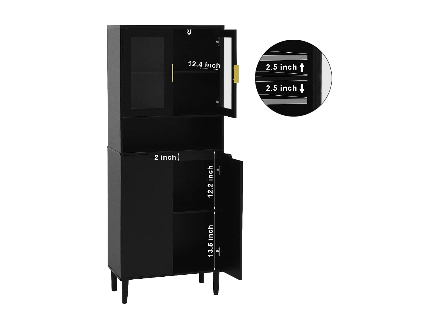 Librería alta de MDF negro con 4 puertas de cristal y estantes regulables, almacenaje para salón dormitorio