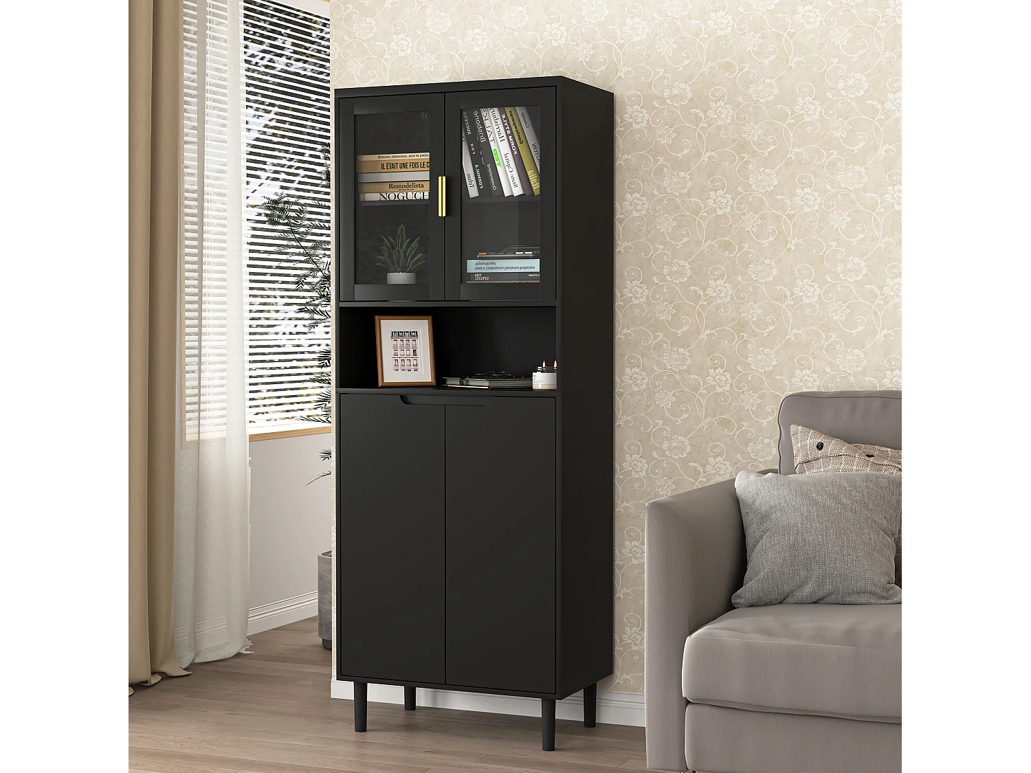 Librería alta de MDF negro con 4 puertas de cristal y estantes regulables, almacenaje para salón dormitorio
