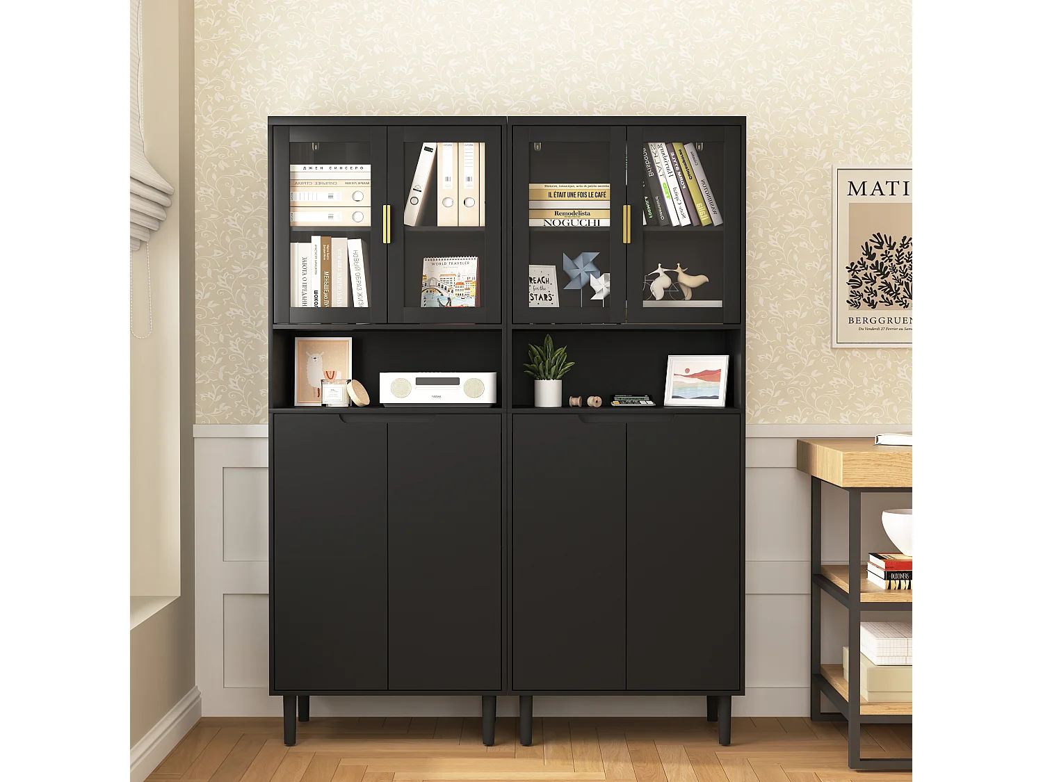 Librería alta de MDF negro con 4 puertas de cristal y estantes regulables, almacenaje para salón dormitorio