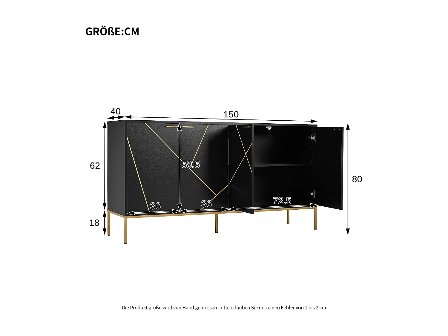 Aparador de madeira de metal preto dourado estilo moderno 150x40x80cm com pernas altas