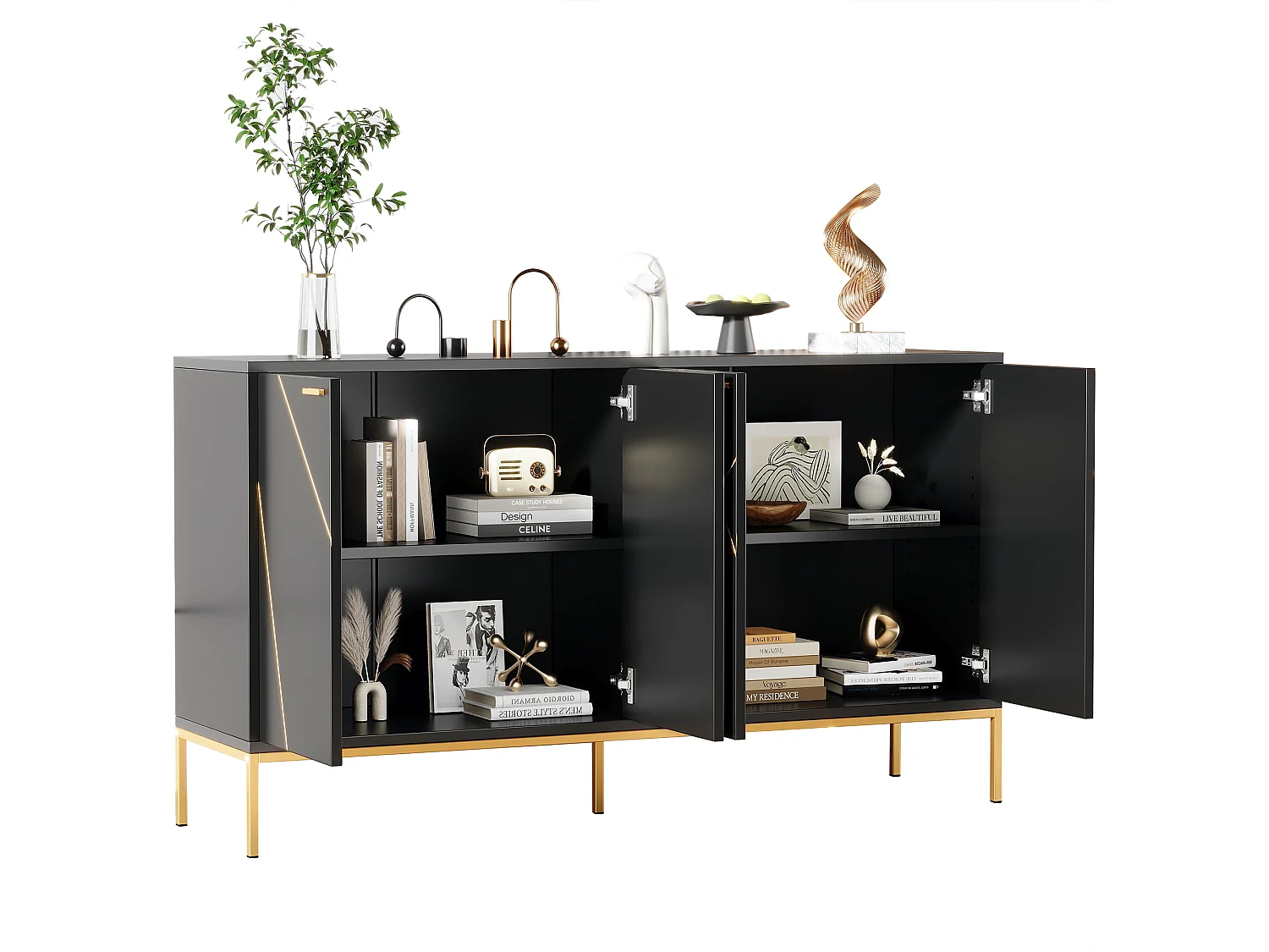 Aparador de madeira de metal preto dourado estilo moderno 150x40x80cm com pernas altas