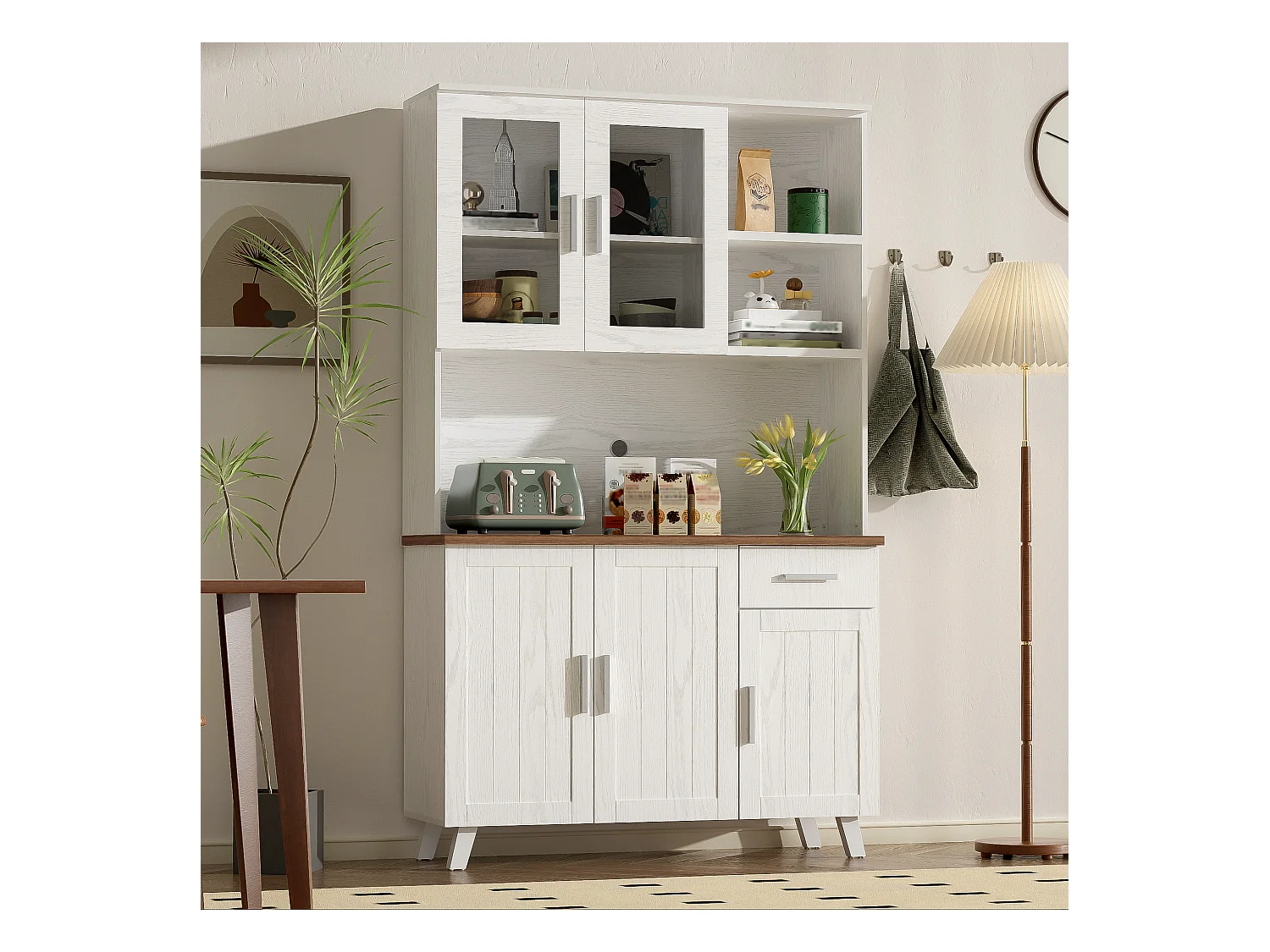 Buffet haut bois blanc et marron 114x40x190 cm con vetrine e rangements salon salle à manger