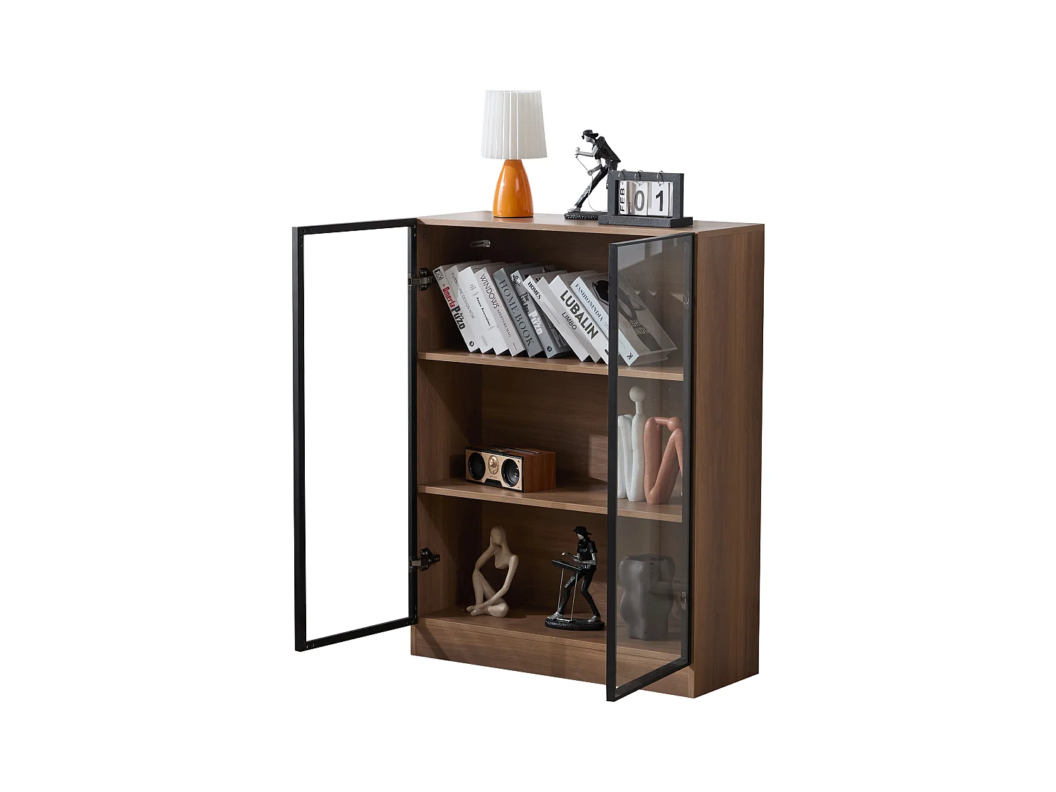 Vitrine de vidro temperado com armazenamento LED 3 prateleiras portas de alumínio sala de estar 120x40x95 cm