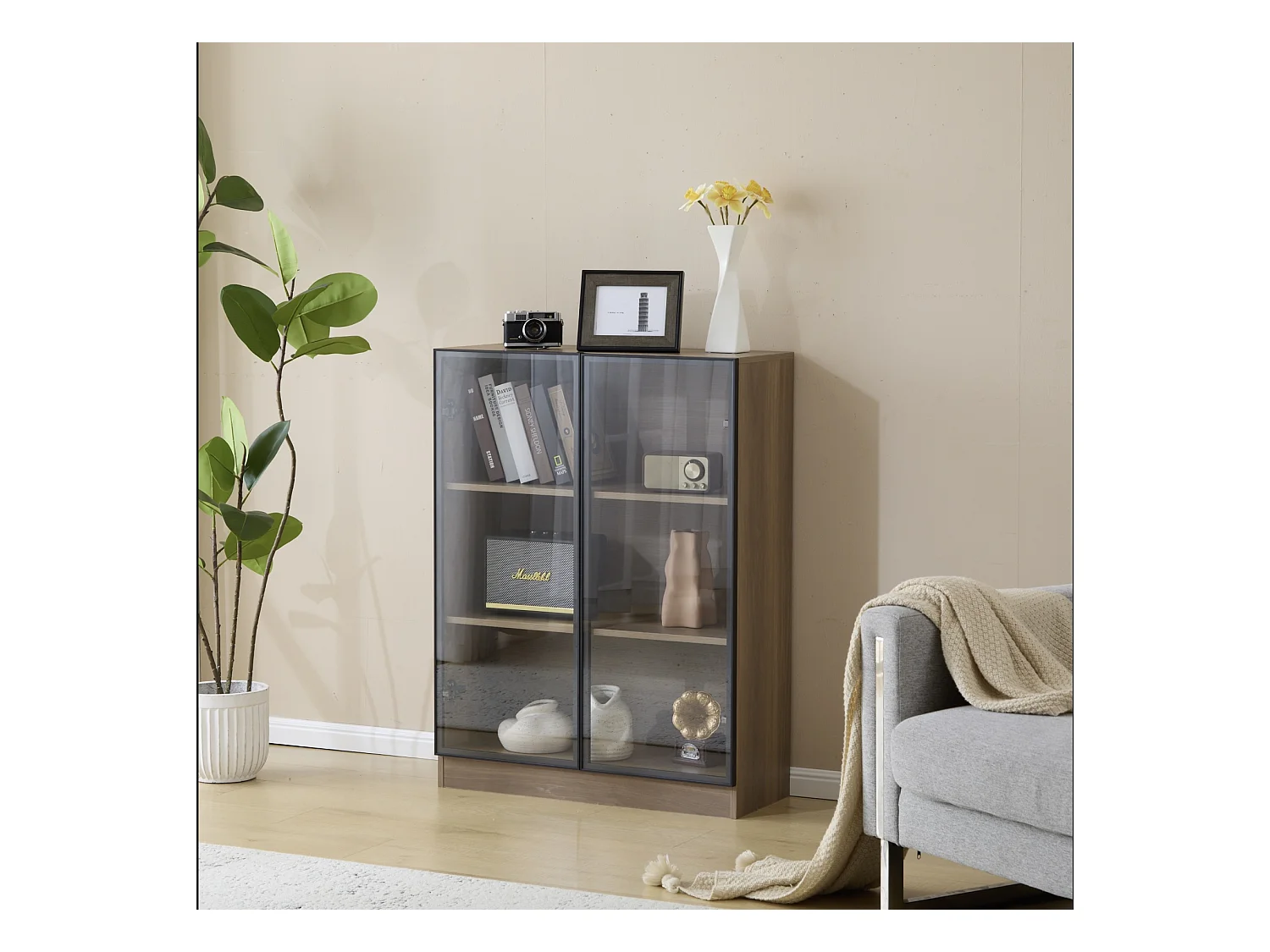 Vitrine de vidro temperado com armazenamento LED 3 prateleiras portas de alumínio sala de estar 120x40x95 cm