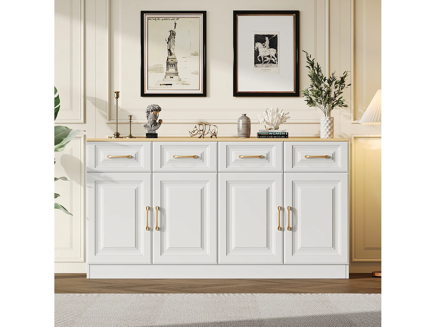 Aparador de madeira maciça com 4 portas e 4 gavetas para cozinha e sala de estar em estilo campestre, branco, 140 x 40 x 75 cm