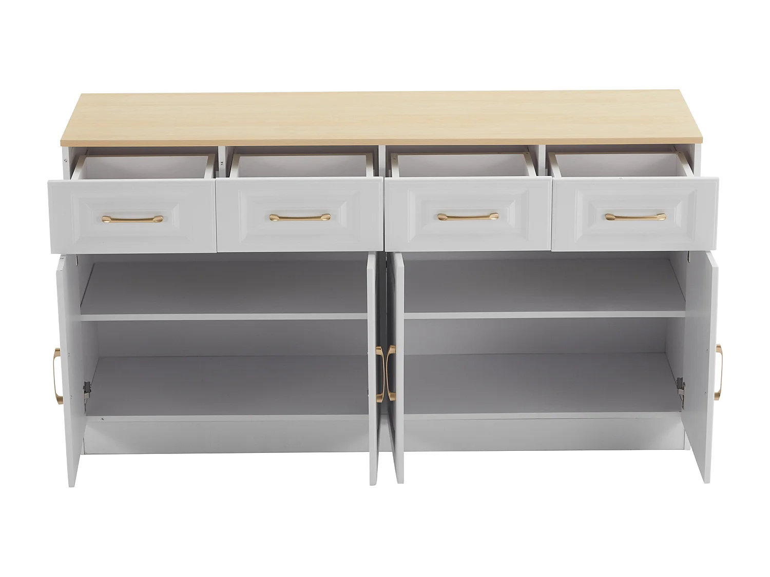 Aparador de madeira maciça com 4 portas e 4 gavetas para cozinha e sala de estar em estilo campestre, branco, 140 x 40 x 75 cm