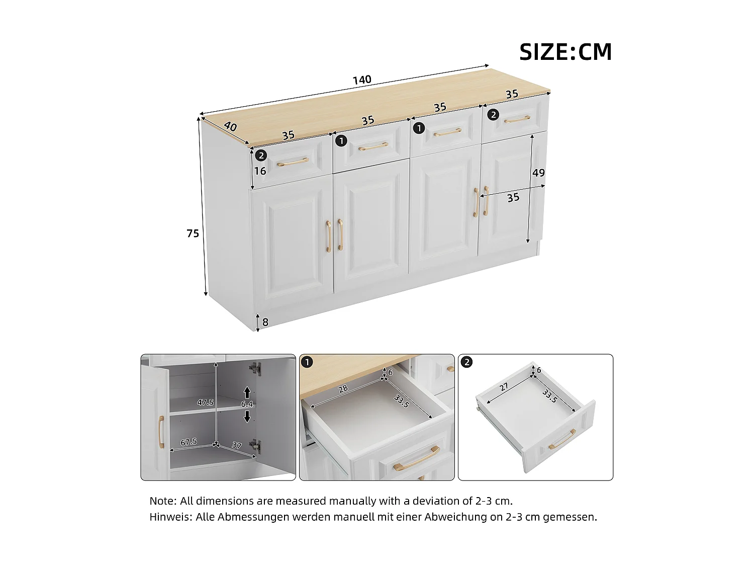 Aparador de madeira maciça com 4 portas e 4 gavetas para cozinha e sala de estar em estilo campestre, branco, 140 x 40 x 75 cm