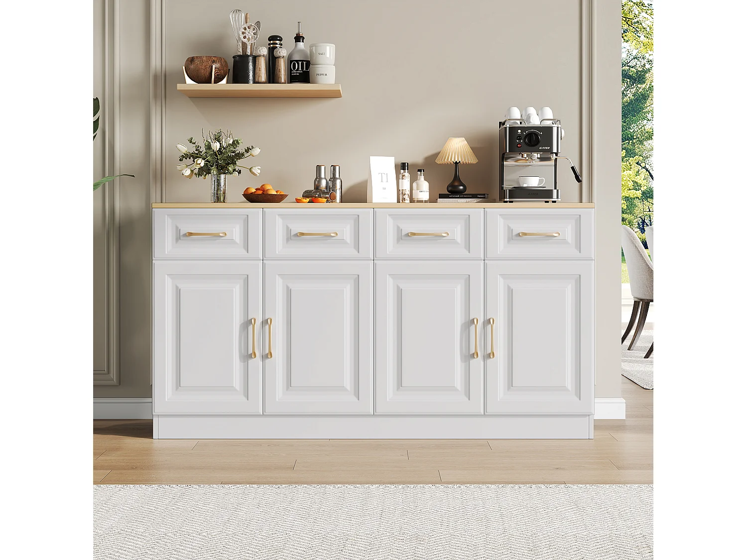Aparador de madeira maciça com 4 portas e 4 gavetas para cozinha e sala de estar em estilo campestre, branco, 140 x 40 x 75 cm