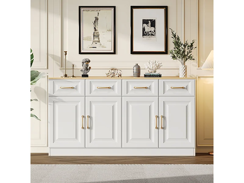 Aparador de madeira maciça com 4 portas e 4 gavetas para cozinha e sala de estar em estilo campestre, branco, 140 x 40 x 75 cm