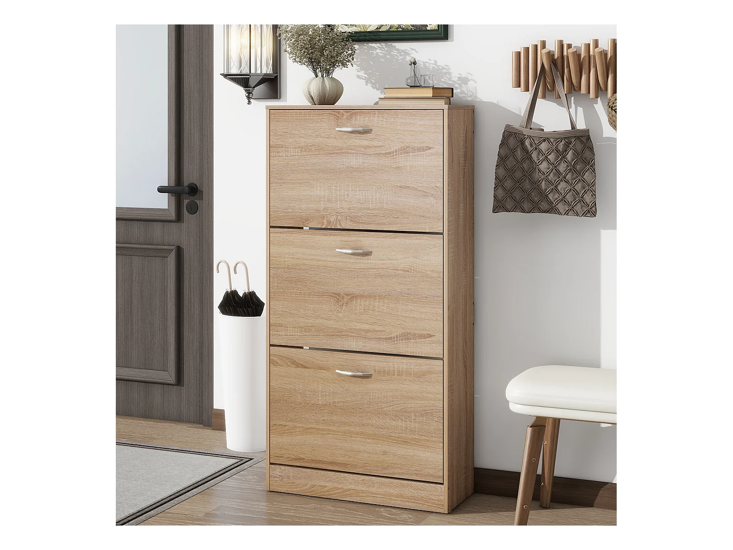 Sapateira com painel de madeira, 3 gavetas, armazenamento, corredor, entrada, estilo carvalho, 120 cm