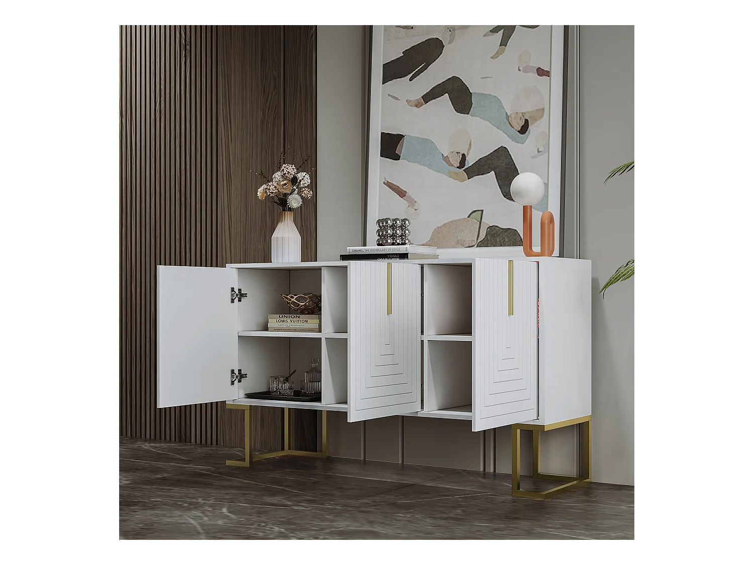 Buffet 3 porte MDF design moderno con ripiani regolabili e piedi in metallo bianco
