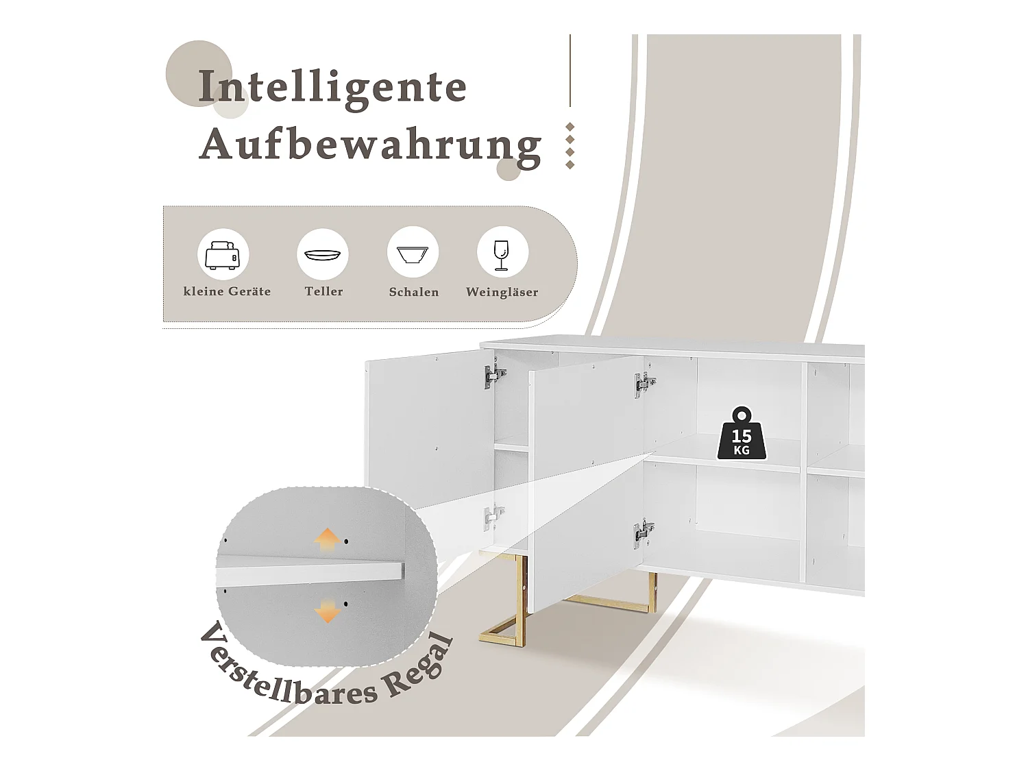 Buffet 3 porte MDF design moderno con ripiani regolabili e piedi in metallo bianco