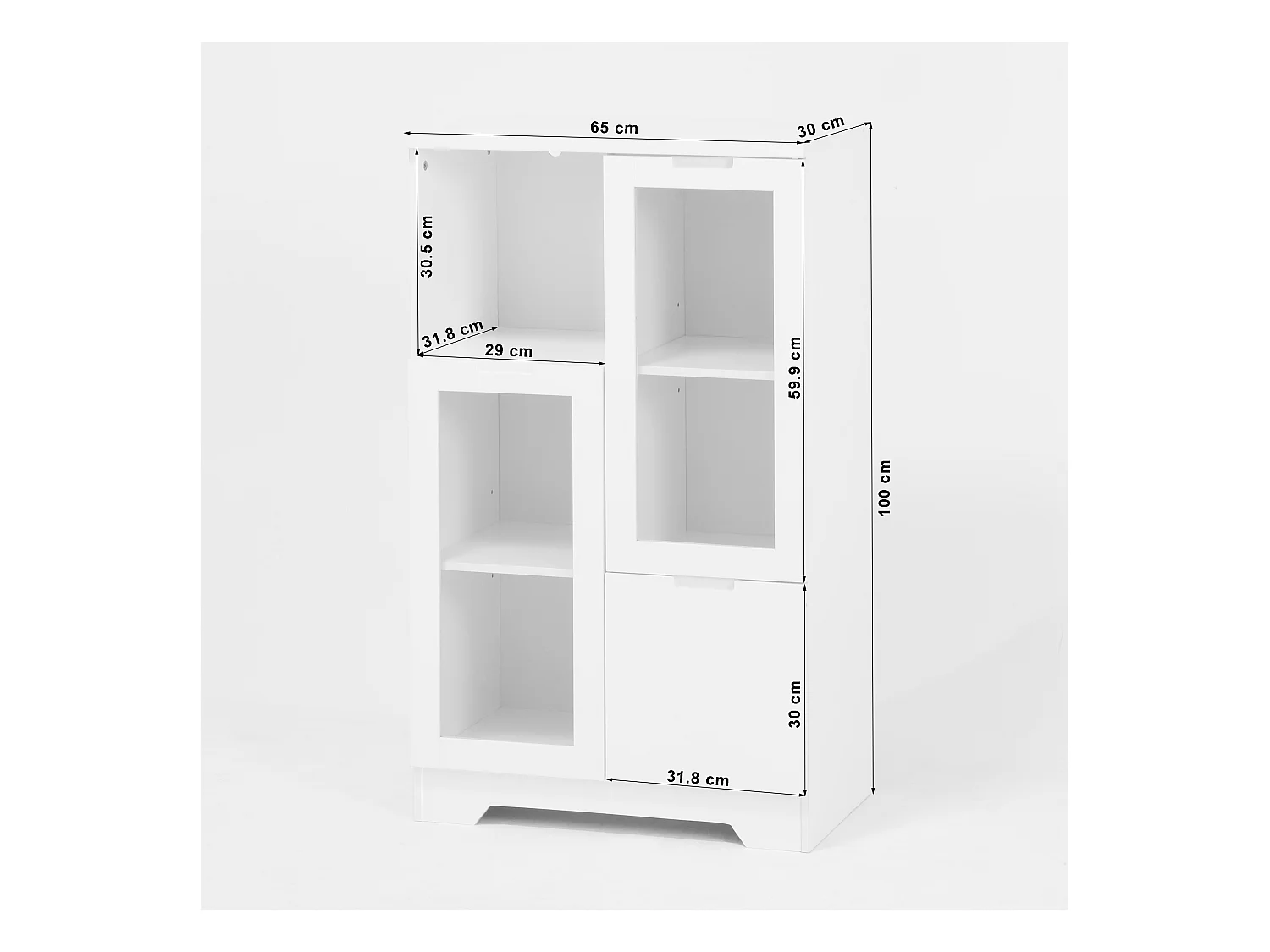 Aparador em MDF branco com portas de vidro e gaveta, arrumação multifuncional 90x40x120 cm