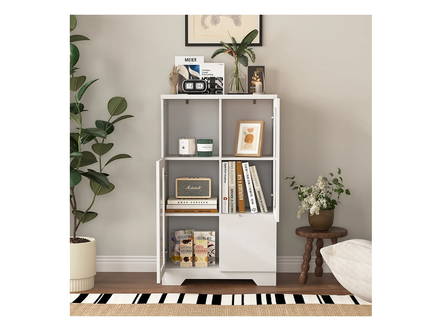 Aparador em MDF branco com portas de vidro e gaveta, arrumação multifuncional 90x40x120 cm